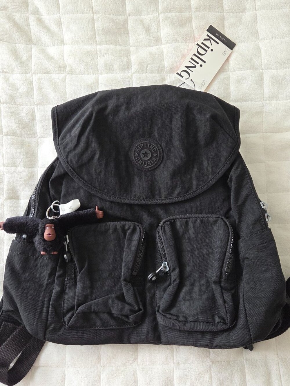 NWT Kipling Fiona Backpack Monkey Keychain Davina Black Tonal Live Light Zip Y2K